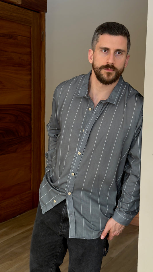 Hybrid Linen Shirt - Verde Oscuro con rayas blancas