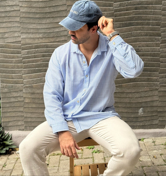 Hybrid Linen Shirt - Celeste y blanco