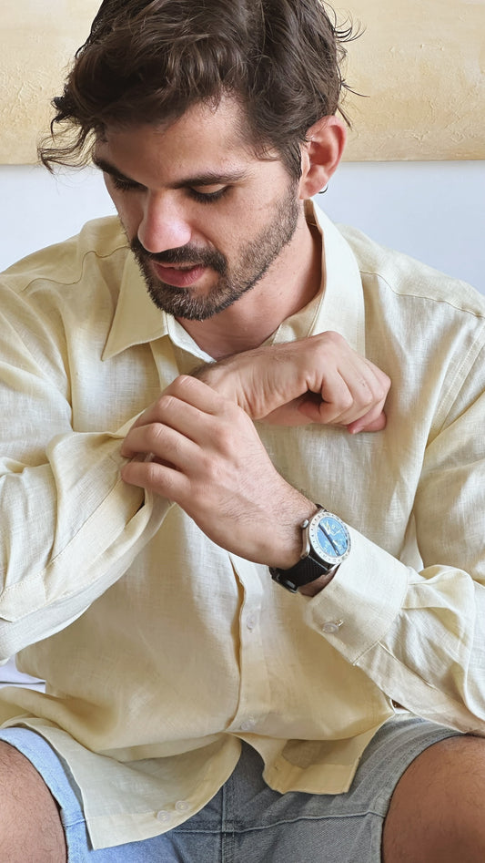 Camisa de lino triblend manga larga amarillo claro