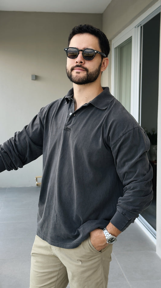 Long Sleeve Polo Negro Vintage - Algodón 6.5oz
