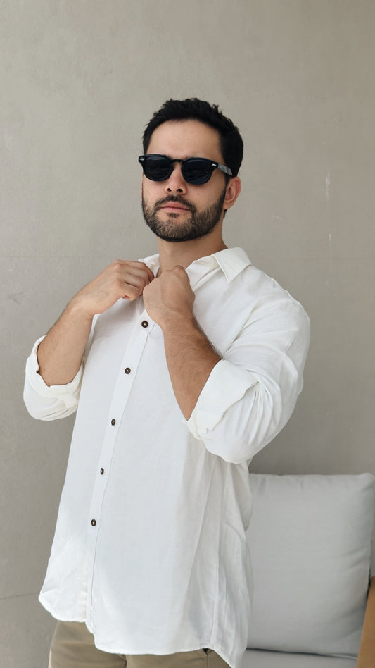 Camisa de lino triblend manga larga color blanco