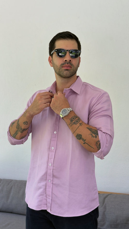 Camisa de lino triblend manga larga color lila