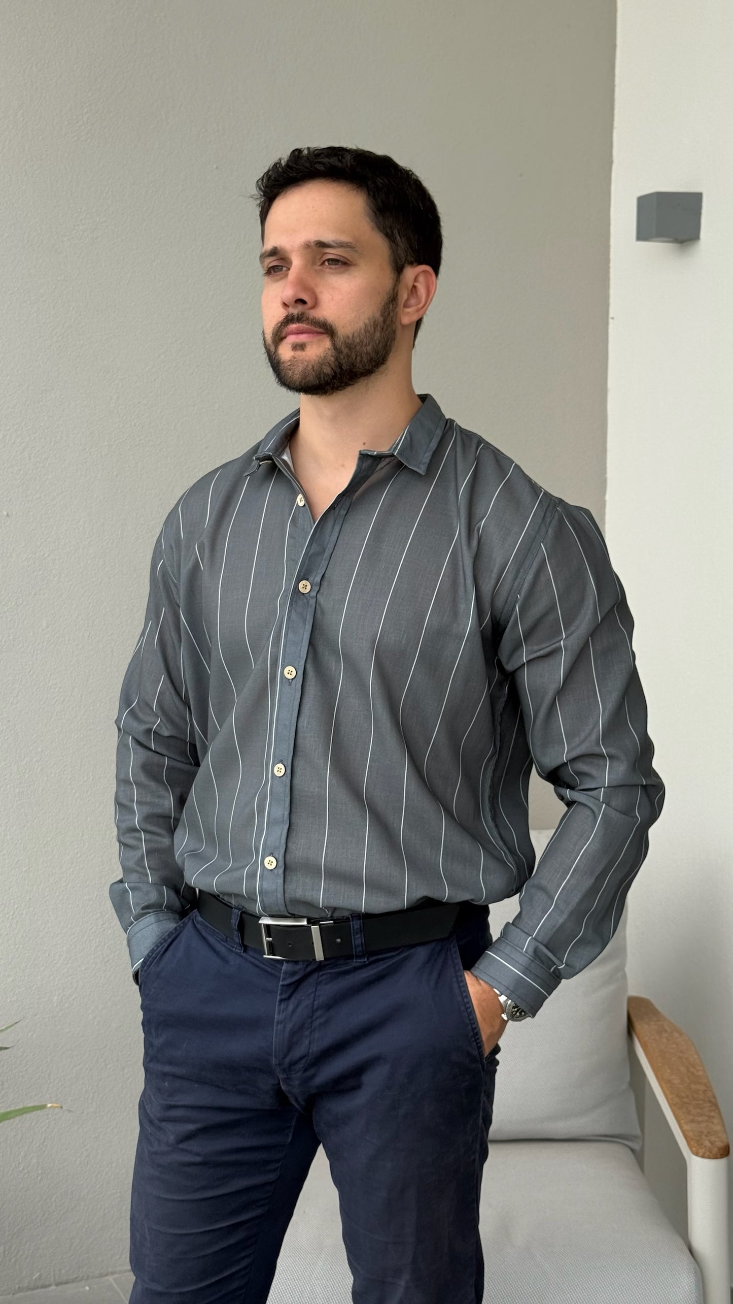 Hybrid Linen Shirt - Verde Oscuro con rayas blancas