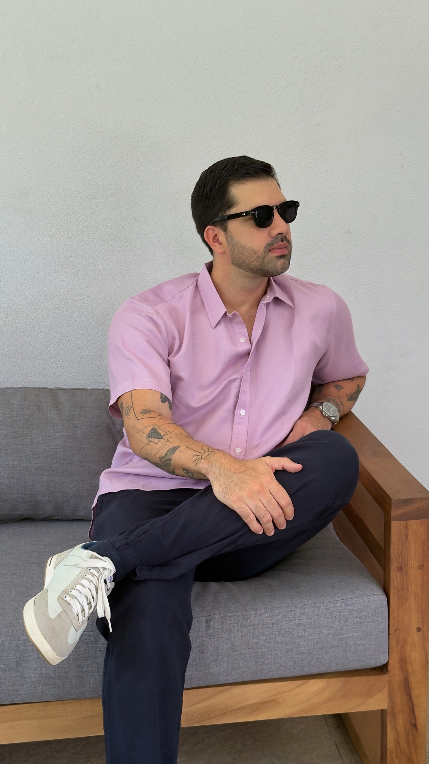 Camisa de lino triblend manga corta color lila