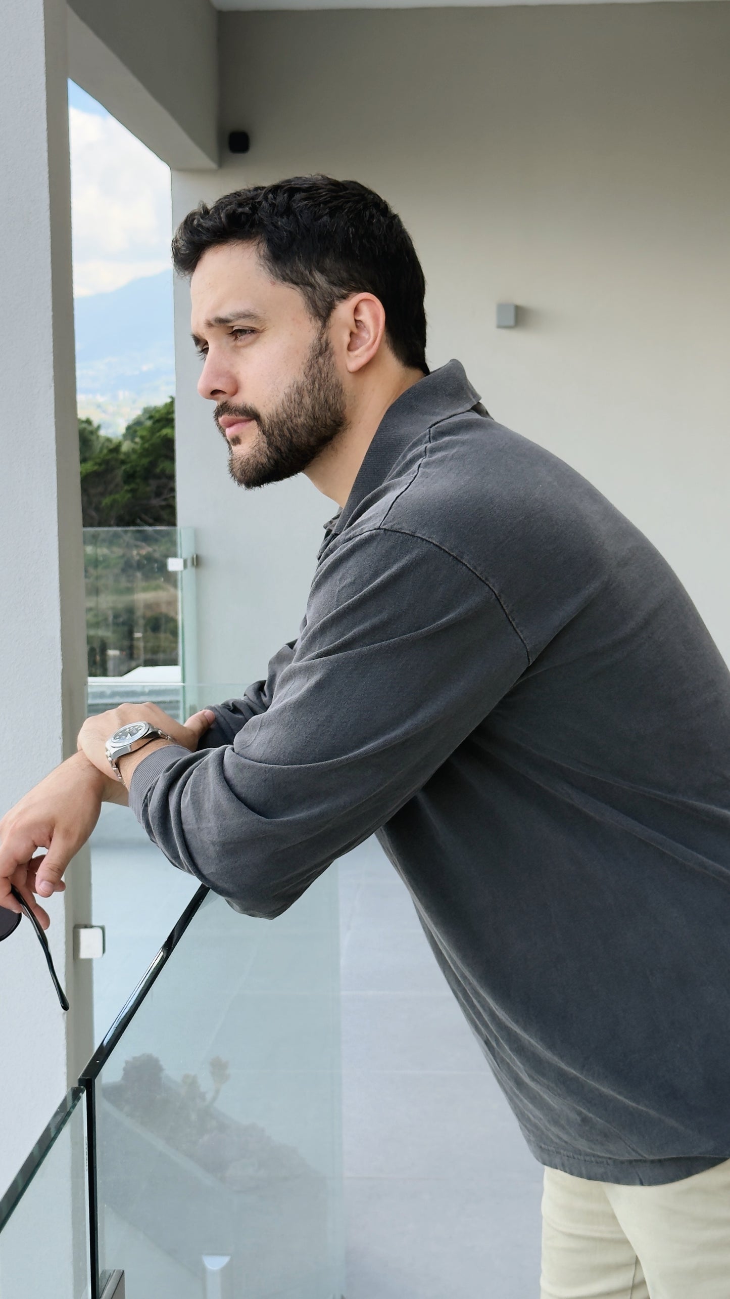 Long Sleeve Polo Negro Vintage - Algodón 6.5oz