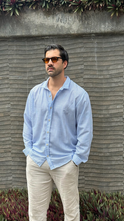 Hybrid Linen Shirt - Celeste y blanco