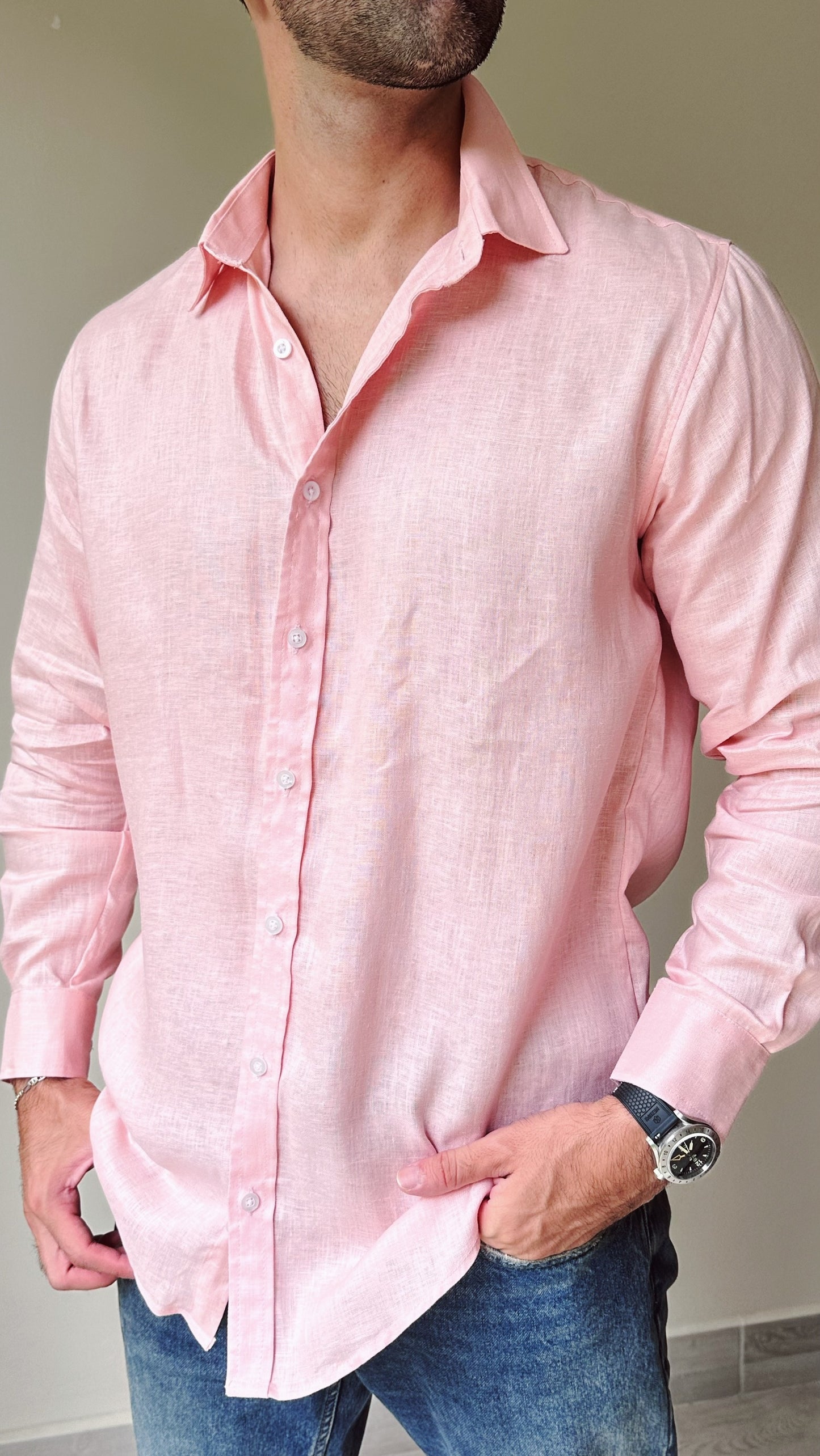 Camisa de lino triblend manga larga color rosado