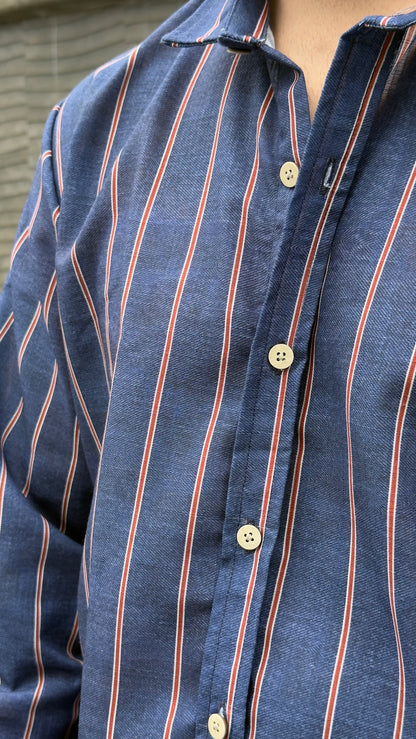 Hybrid Linen Shirt - Azul con rayas rojas