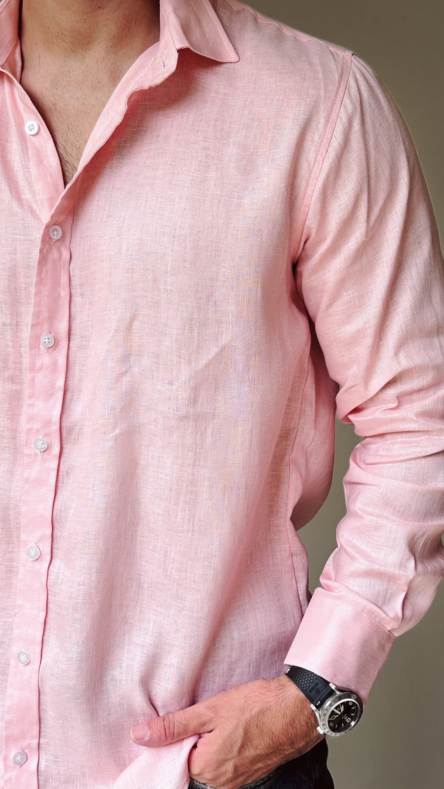 Camisa de lino triblend manga larga color rosado