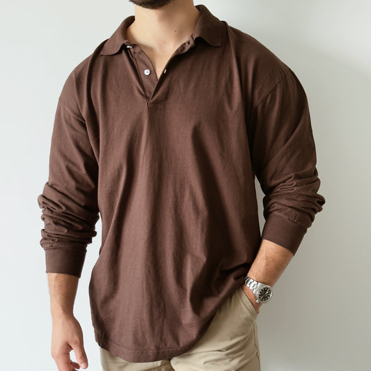 Long Sleeve Polo Café - Algodón 6.5oz
