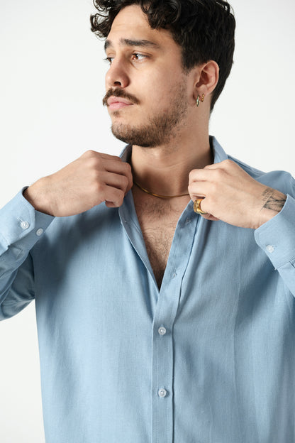Camisa de lino celeste manga larga
