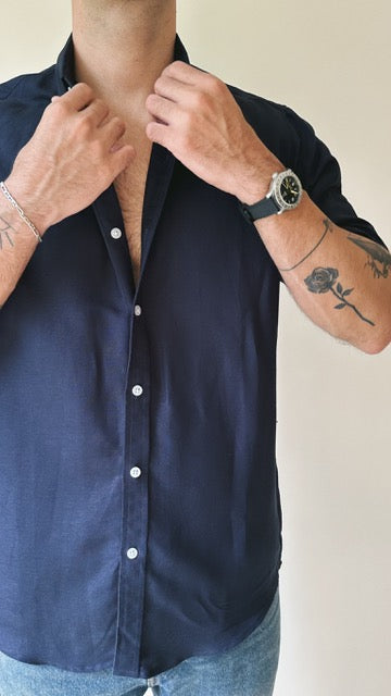 Camisa de lino triblend manga corta color azul navy 2