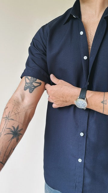 Camisa de lino triblend manga corta color azul navy 3