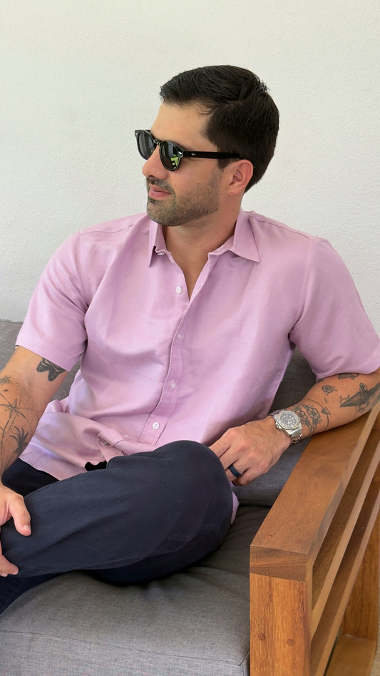 Camisa de lino triblend manga corta color lila