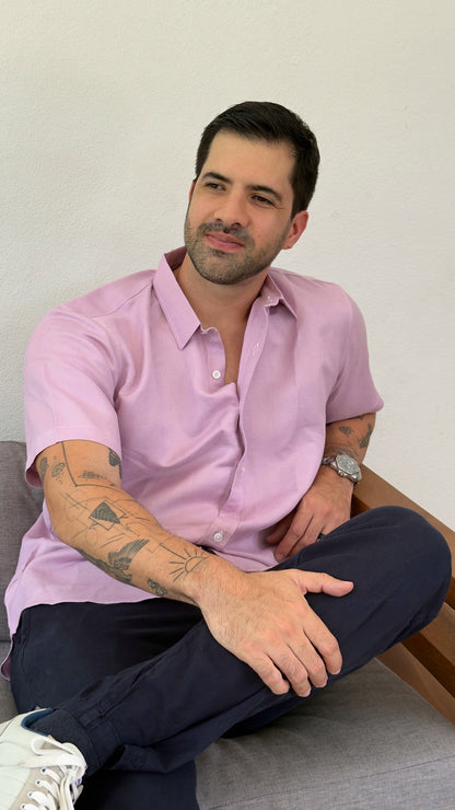 Camisa de lino triblend manga corta color lila 3