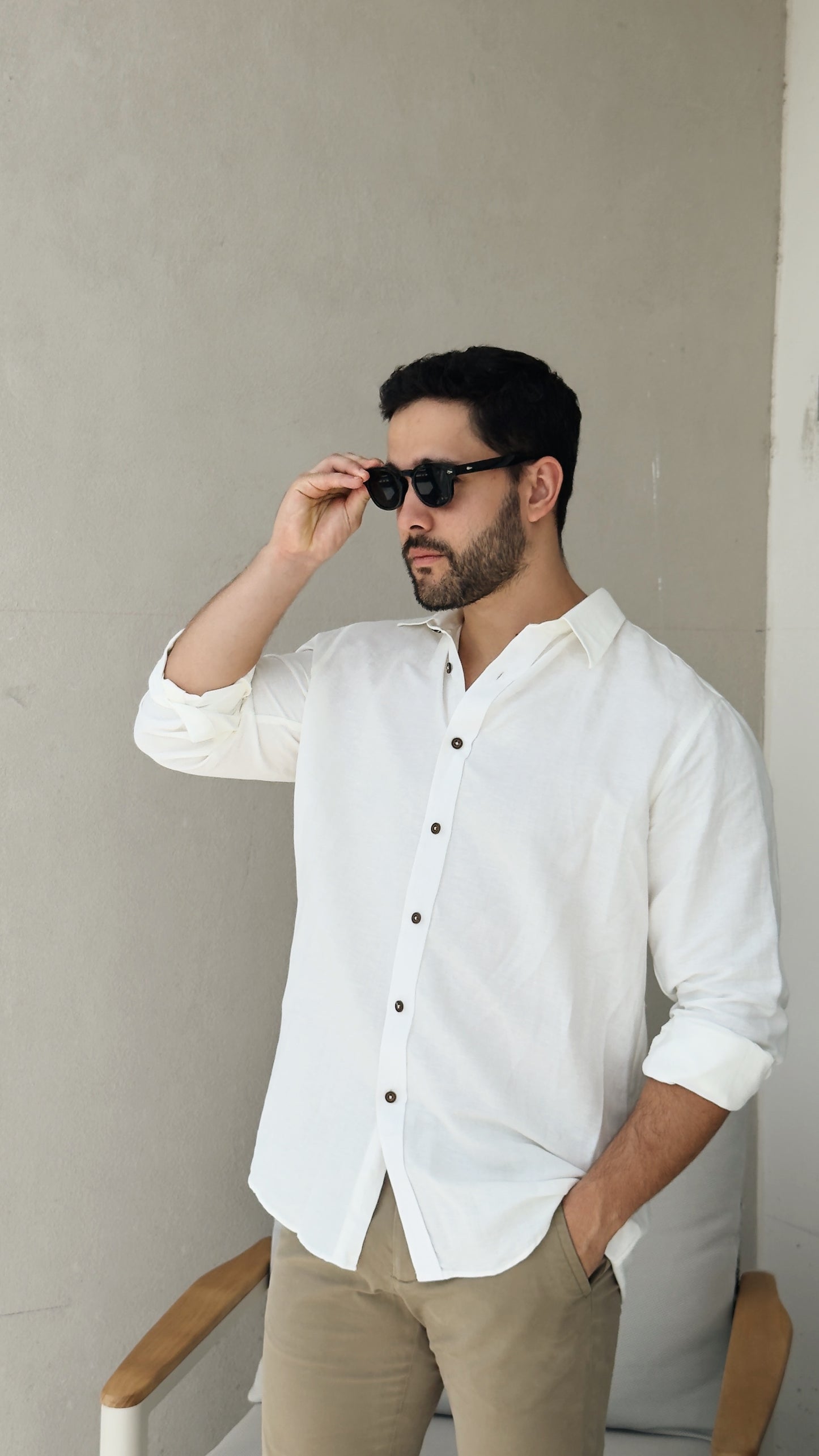 Camisa de lino triblend manga larga color blanco