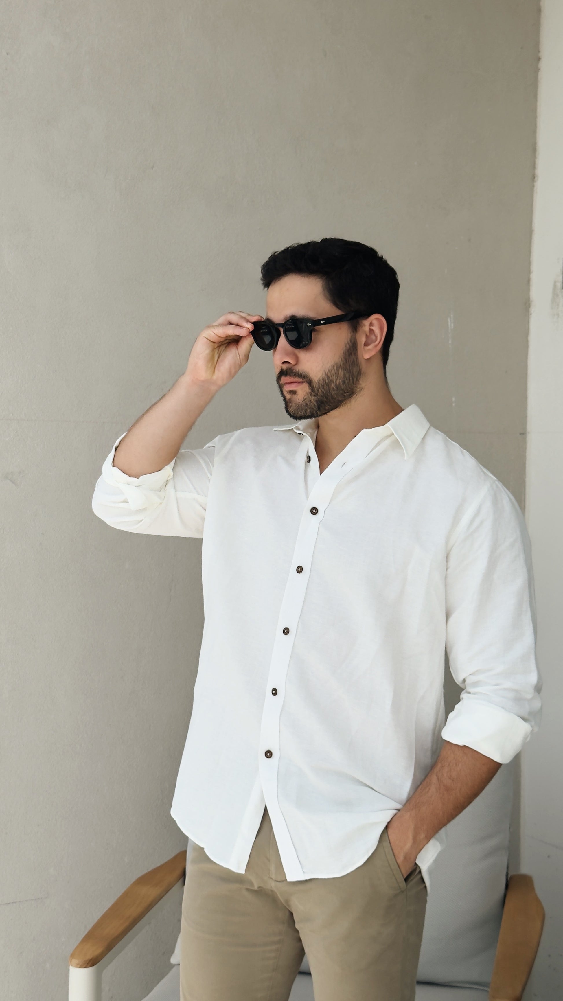 Camisa de lino triblend manga larga color blanco