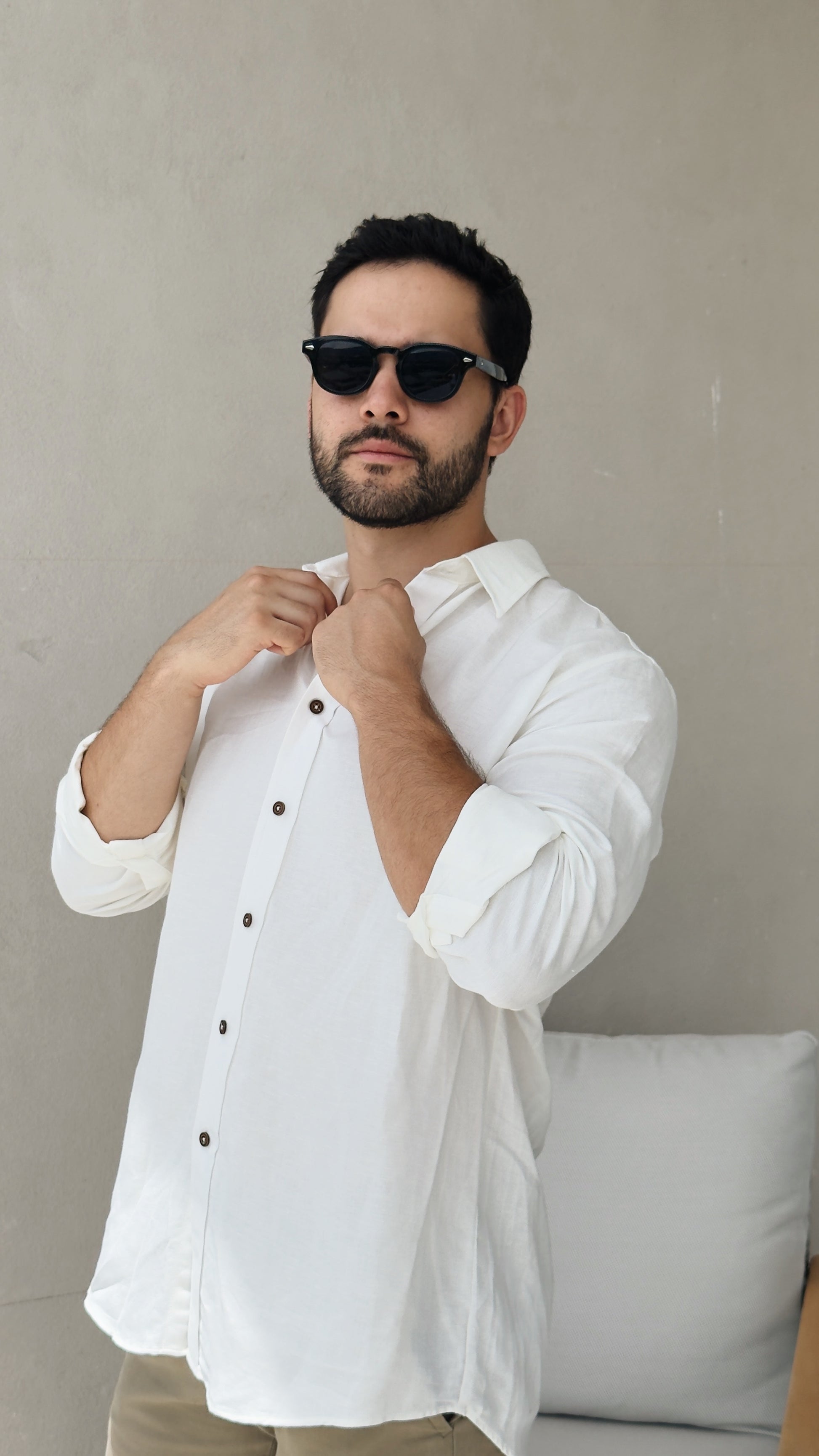 Camisa de lino triblend manga larga color blanco