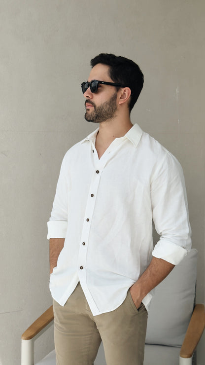 Camisa de lino triblend manga larga color blanco