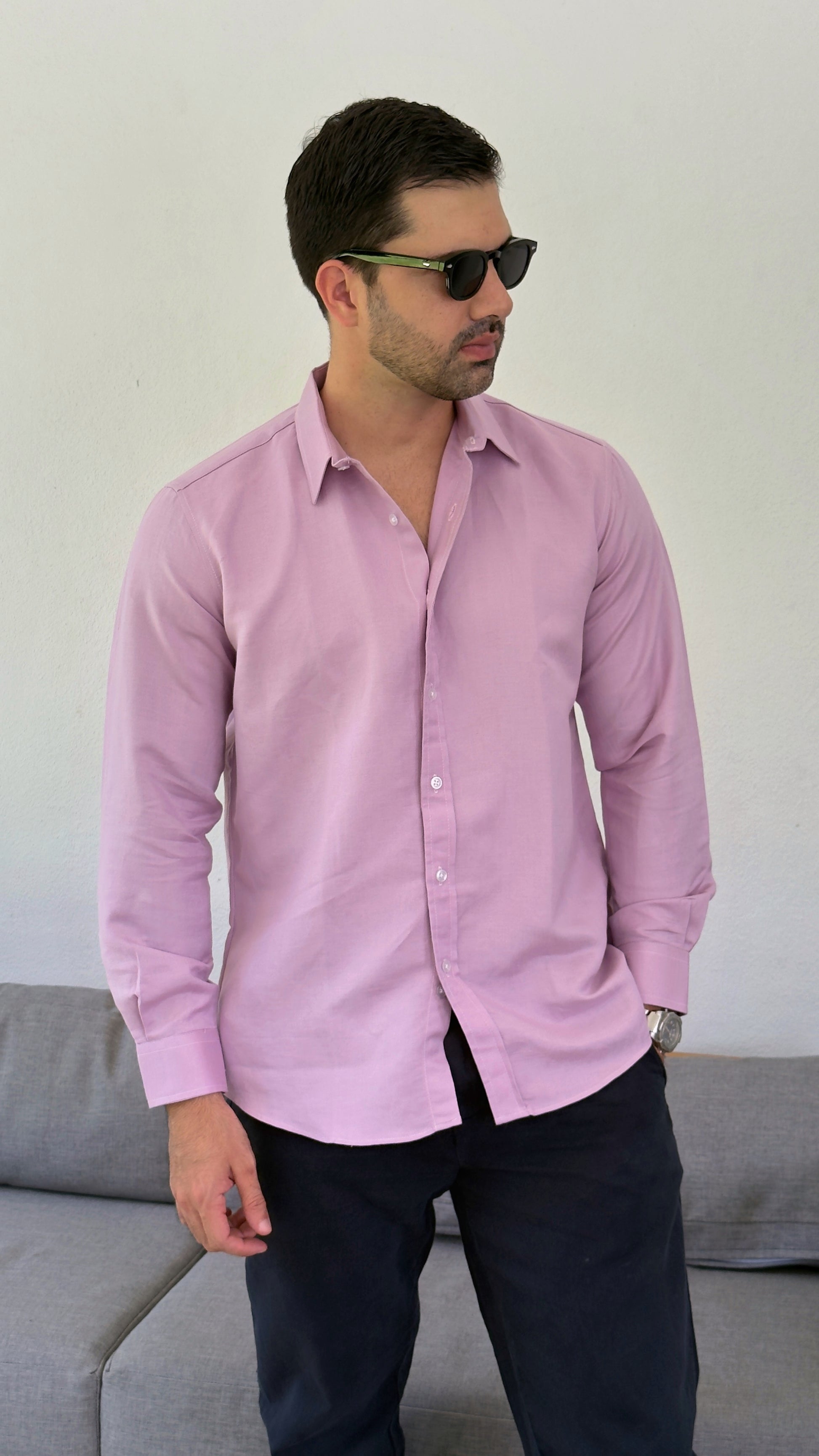 Camisa de lino triblend manga larga color lila