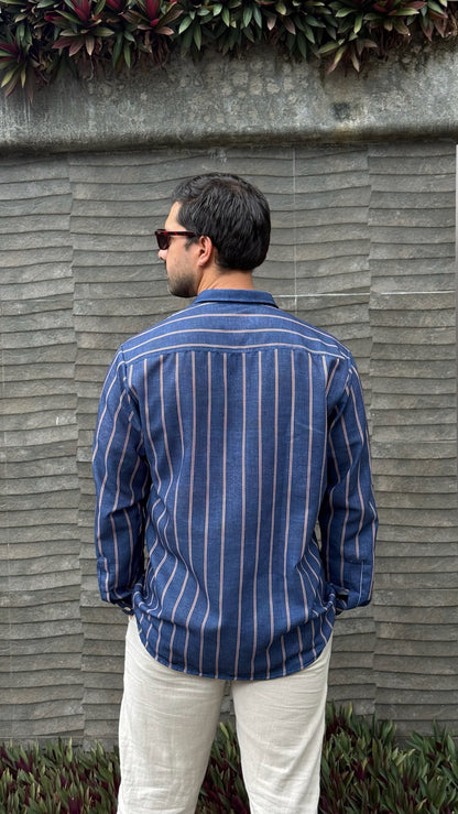 Hybrid Linen Shirt - Azul con rayas rojas