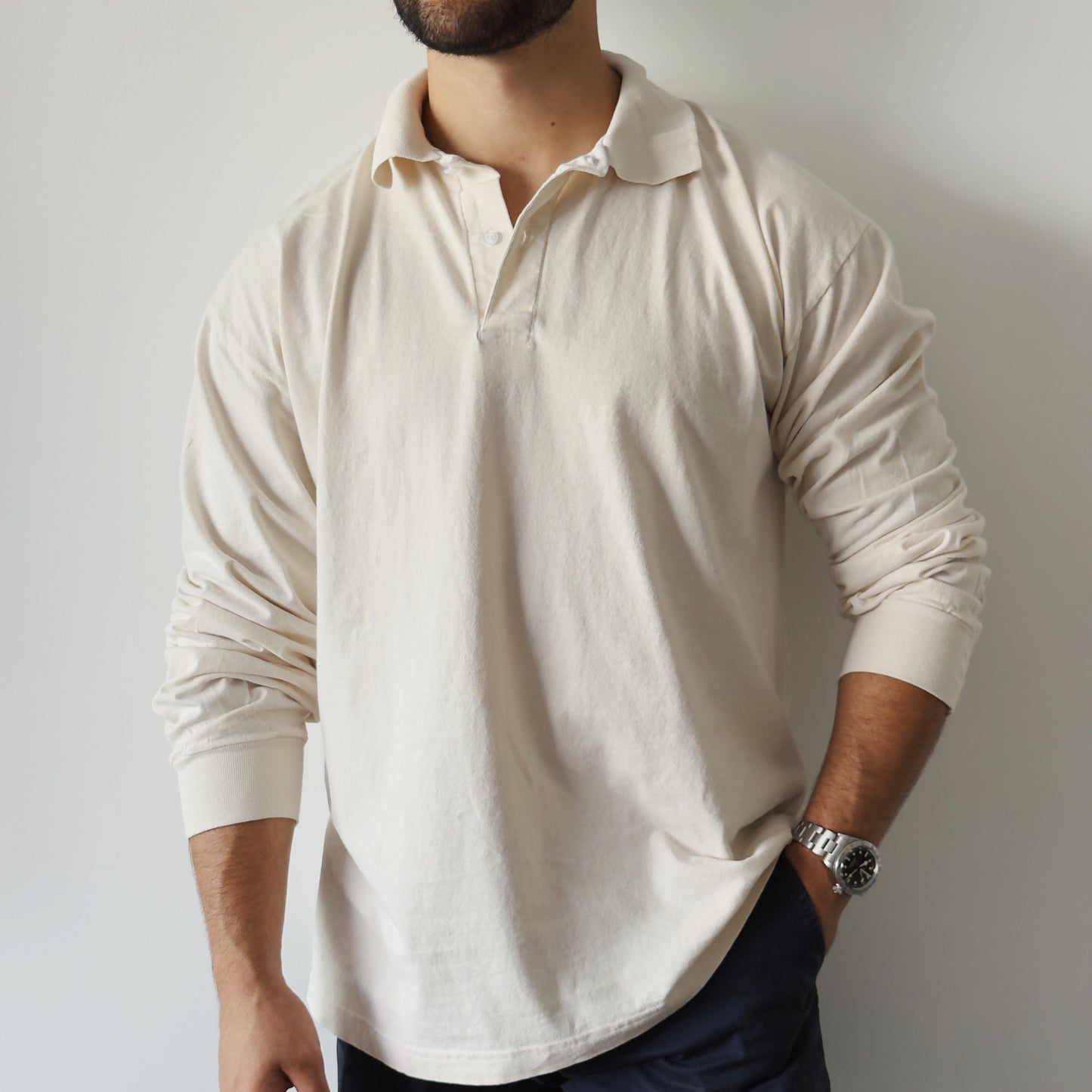 Long Sleeve Polo Crema - Algodón 6.5oz