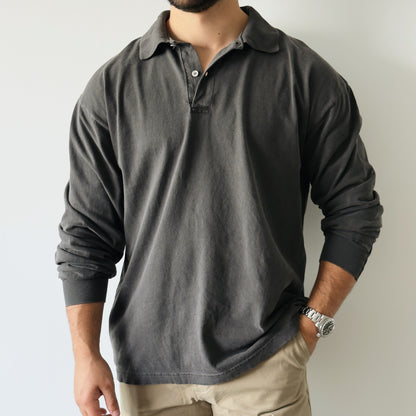 Long Sleeve Polo Negro Vintage - Algodón 6.5oz