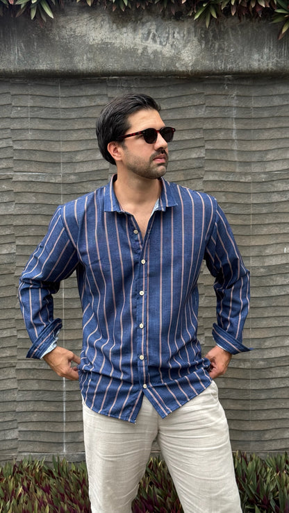 Hybrid Linen Shirt - Azul con rayas rojas