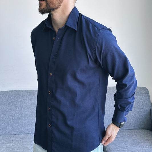 Camisa de lino triblend manga larga color azul