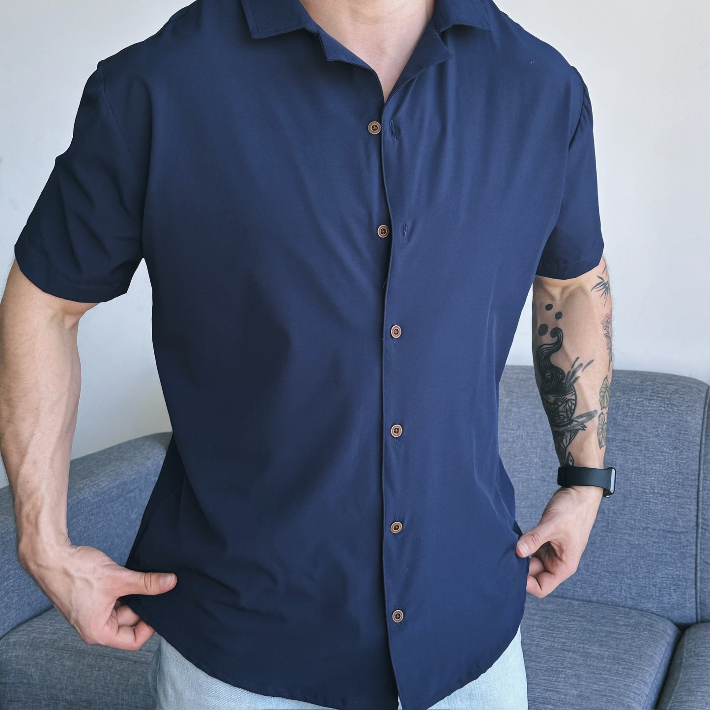 Camisa Lisa Azul Botones de Madera