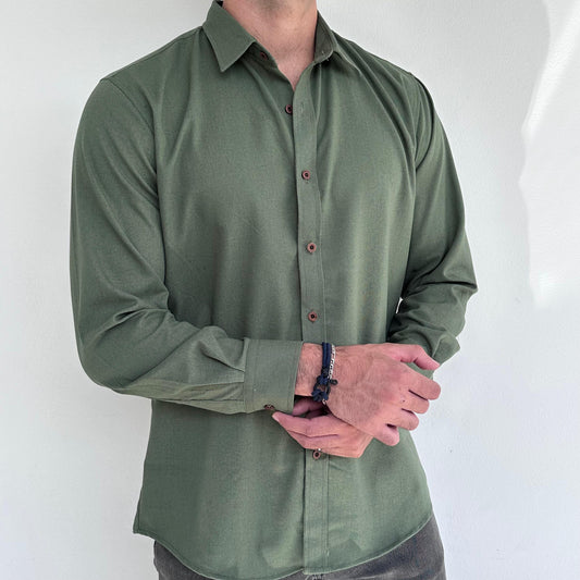 Camisa de lino triblend manga larga color verde musgo