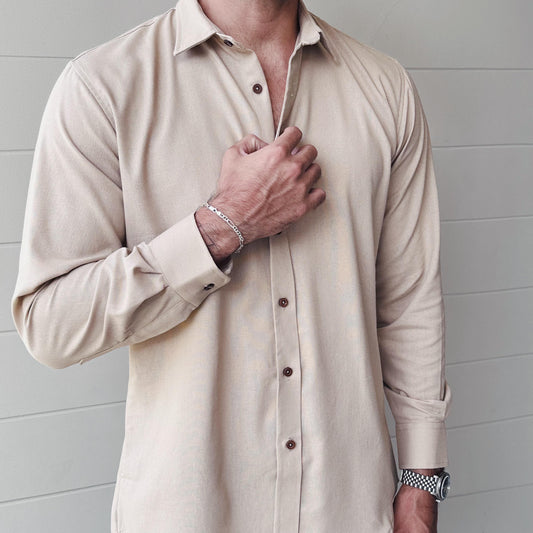 Camisa de lino triblend manga larga color khaki