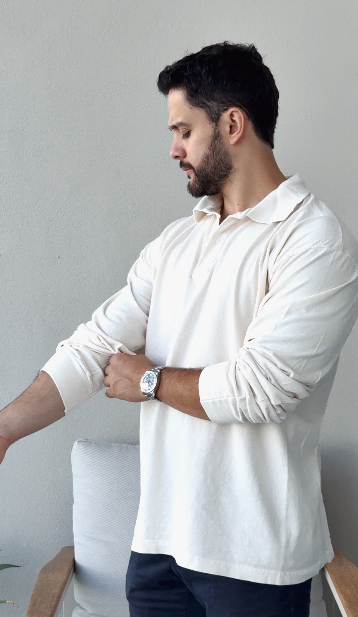 Long Sleeve Polo Crema - Algodón 6.5oz