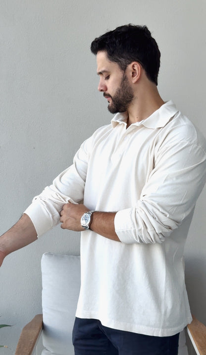 Long Sleeve Polo Crema - Algodón 6.5oz