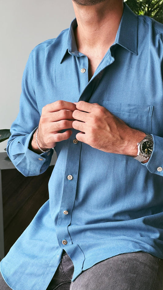 Camisa de lino triblend manga larga color turquesa