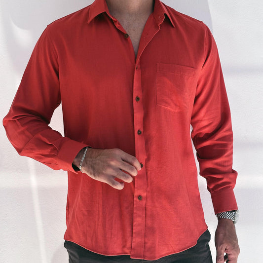 Camisa de lino triblend manga larga color terracota